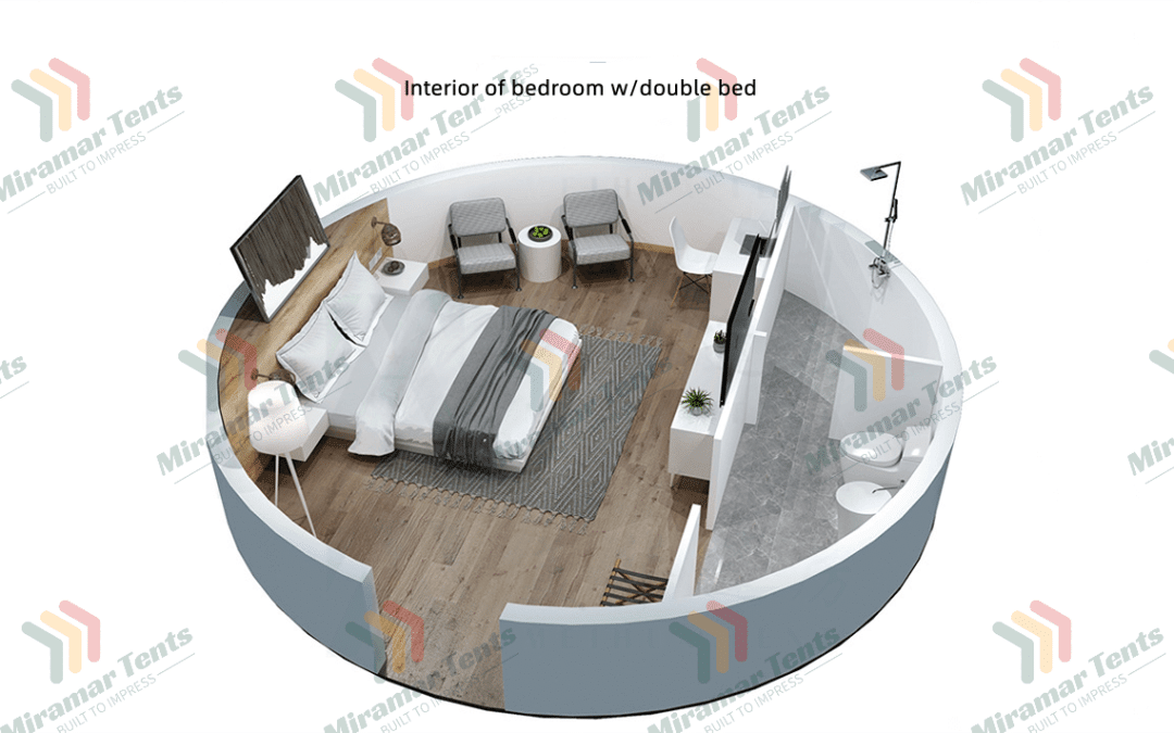 Modern circular studio apartment layout with designated sleeping, living, and kitchen areas, presented in a 3d floor plan view.
