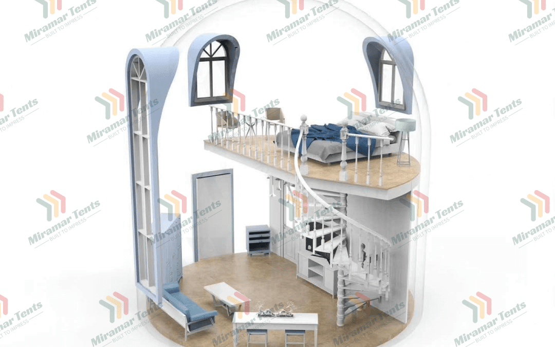 A concept design of a compact, bi-level living space with modern furniture, enclosed in a transparent dome-like structure.