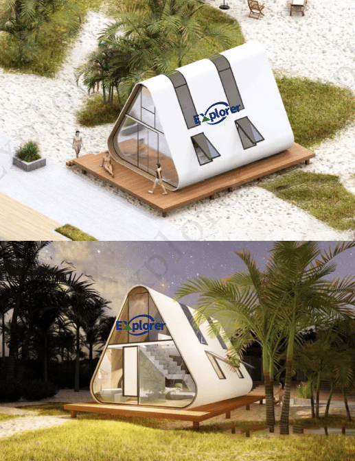 Two images of a triangular, modern tiny house labeled "Explorer," set in a sandy, tropical environment with palm trees; one image shows the house at night.