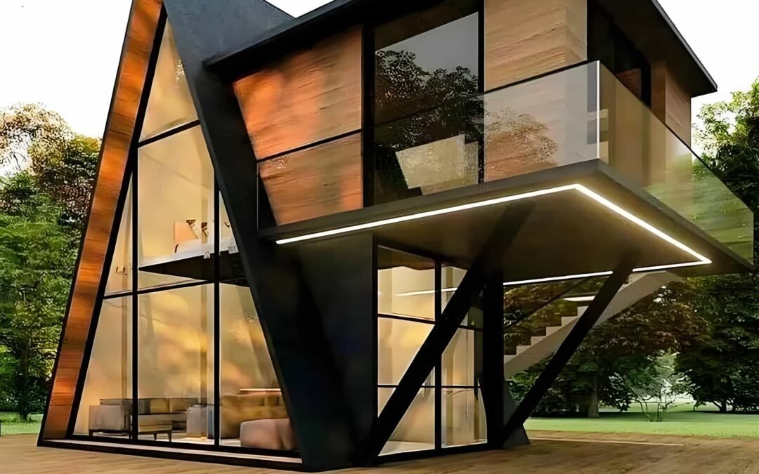 Modern A Frame House With Wood And Glass Elements, Featuring A Cantilevered Second Floor And Large Windows, Set On A Wooden Deck Surrounded By Trees.