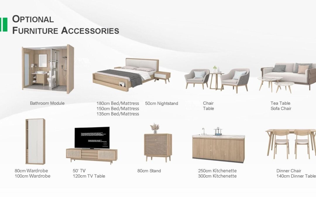 Furniture Accessory Options Including Bathroom Module, Beds, Nightstand, Tables, Chairs, Tv, Kitchenette, And Wardrobes In A Minimalist Design.