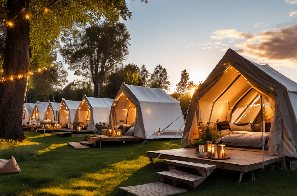A row of bespoke tents glows warmly at sunset, their interiors lit and string lights adding a magical touch, set on a grassy area embraced by surrounding trees.