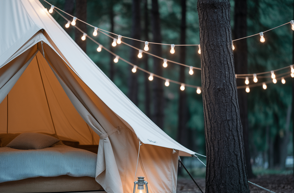 A high-quality glamping tent with an open front reveals a made bed inside. String lights are hung between trees in the forest, and a lit lantern sits on the wooden platform.