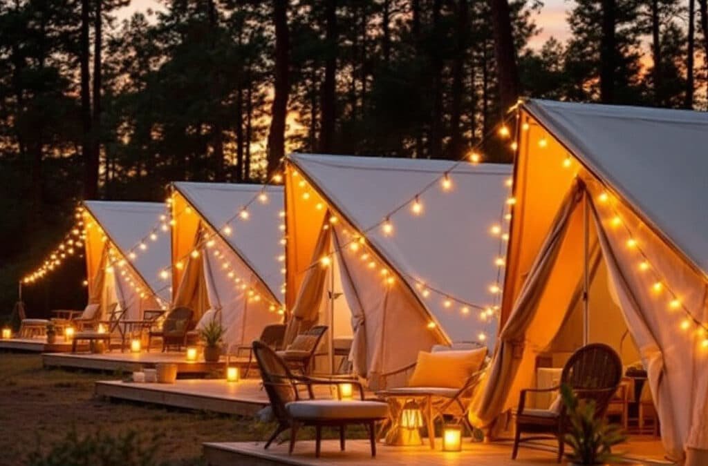Row of illuminated, ecofriendly glamping tents with string lights at sunset, surrounded by pine trees. featuring wooden decks and chairs, these sustainable camping solutions offer a serene retreat.