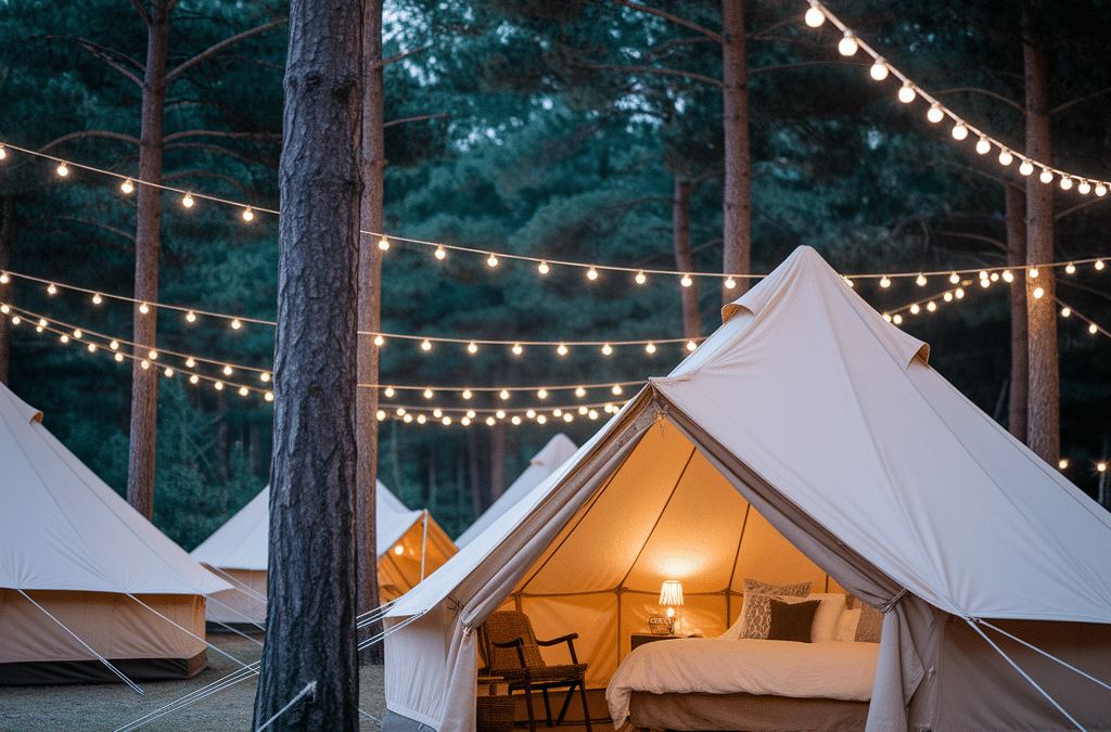 An ecofriendly glamping tent with a visible bed, chair, and lamp is set up in a forest. String lights hang above, creating a magical atmosphere, while other tents blend seamlessly into the background.