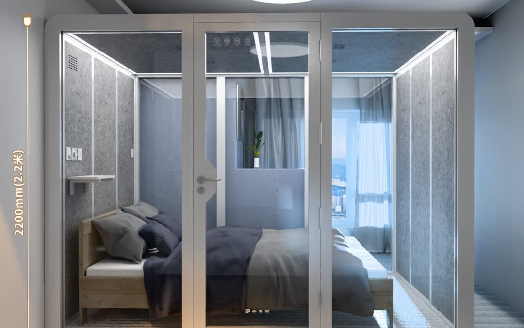 A modern, glass enclosed bedroom pod with a bed, shelves, and large windows; dimensions labeled as 2200mm high and 2700mm wide.