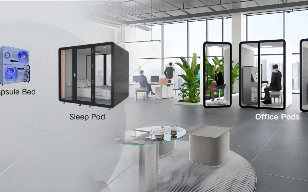 Modern office space with labeled zones: a blue capsule bed, a black sleep pod, and glass office pods, with people working and meeting inside the office pods.